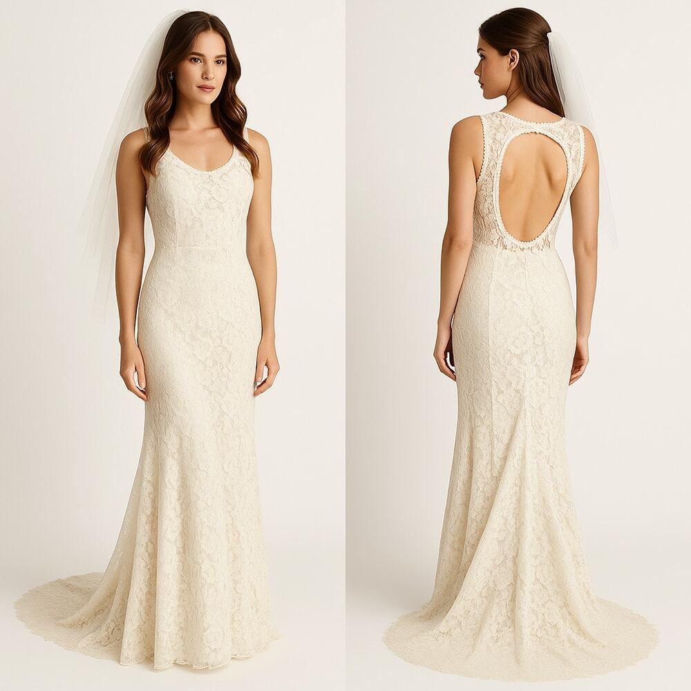 Lulus XL Ivory Lace Open Back Bridal Gown With Train NWT